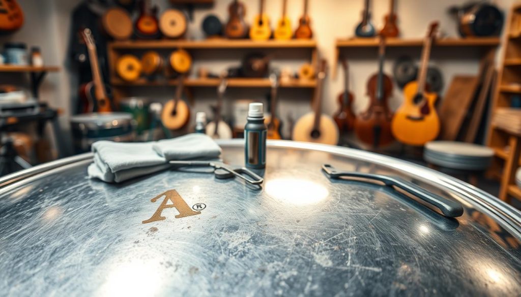 A well-maintained steel drum in the foreground, glimmering under soft, warm lighting to highlight its metallic texture. Display intricate details of the drum's surface, showcasing its polished exterior and subtle imperfections that reflect proper care and maintenance. In the middle ground, visualize tools commonly used for instrument upkeep, such as cleaning cloths, a lubricant can, and a tuning wrench, thoughtfully arranged to convey a sense of organization and preparation. In the background, a serene workshop environment with wooden shelves lined with other musical instruments and care products, blurred out to keep the focus on the steel drum and maintenance tools. The mood is professional and inviting, suggesting a dedication to craftsmanship and longevity in musical instruments. A well-maintained steel drum in the foreground, glimmering under soft, warm lighting to highlight its metallic texture. Display intricate details of the drum's surface, showcasing its polished exterior and subtle imperfections that reflect proper care and maintenance. In the middle ground, visualize tools commonly used for instrument upkeep, such as cleaning cloths, a lubricant can, and a tuning wrench, thoughtfully arranged to convey a sense of organization and preparation. In the background, a serene workshop environment with wooden shelves lined with other musical instruments and care products, blurred out to keep the focus on the steel drum and maintenance tools. The mood is professional and inviting, suggesting a dedication to craftsmanship and longevity in musical instruments.