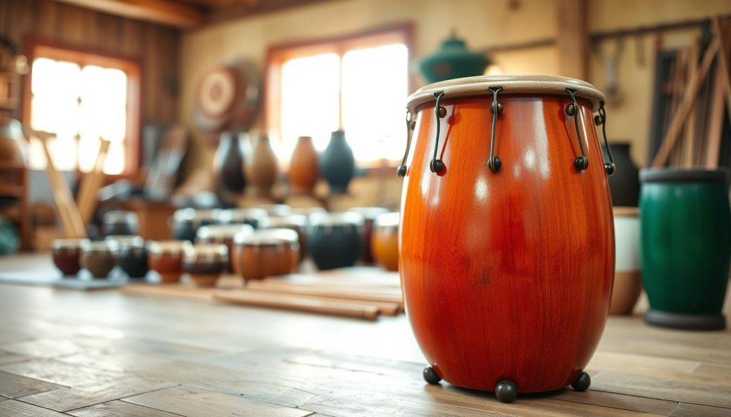 A beautiful tongue drum made from various high-quality materials, showcased prominently in the foreground, highlighting its intricate craftsmanship and vibrant colors. The drum should have a glossy finish, with visible details of the metal or wood grain, hinting at its durability. In the middle ground, display an array of different tongue drums made from various materials (e.g., steel, bamboo, wood), slightly out of focus but still discernible. The background features a softly blurred workshop environment, illuminated by warm, natural light filtering through a window, creating an inviting and artisanal atmosphere. The overall mood is tranquil and harmonious, evoking the soothing sounds associated with these instruments. The angle is slightly elevated, capturing the essence of craftsmanship while focusing on the details of the tongue drum materials. A beautiful tongue drum made from various high-quality materials, showcased prominently in the foreground, highlighting its intricate craftsmanship and vibrant colors. The drum should have a glossy finish, with visible details of the metal or wood grain, hinting at its durability. In the middle ground, display an array of different tongue drums made from various materials (e.g., steel, bamboo, wood), slightly out of focus but still discernible. The background features a softly blurred workshop environment, illuminated by warm, natural light filtering through a window, creating an inviting and artisanal atmosphere. The overall mood is tranquil and harmonious, evoking the soothing sounds associated with these instruments. The angle is slightly elevated, capturing the essence of craftsmanship while focusing on the details of the tongue drum materials.