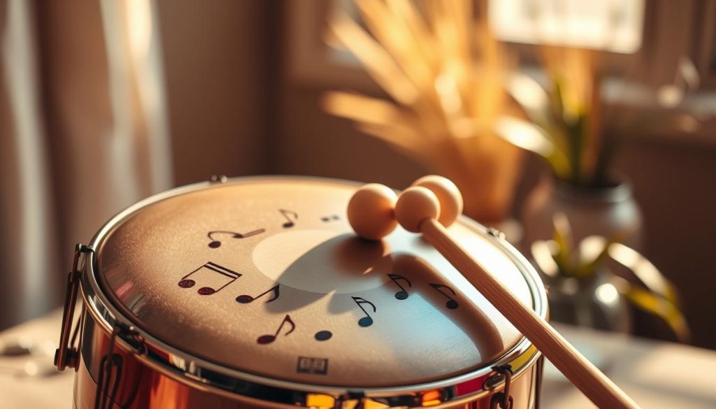 A beautifully crafted technique frappe tongue drum sits in the foreground, highlighting its intricate detail and polished surface. The drum features a range of vibrant tones, showcasing various colorful notes carved into the metal surface. In the middle ground, a pair of professional wooden mallets rests beside the drum, emphasizing the focus on striking techniques. Soft, warm natural light filters in from one side, casting gentle shadows that enhance the textures of the drum and mallets. In the background, a serene musical setting with blurred plants and subtle musical notes floating creates an atmosphere of calm and creativity. The overall mood evokes a sense of tranquility and inspiration, perfect for capturing the essence of optimal sound techniques. A beautifully crafted technique frappe tongue drum sits in the foreground, highlighting its intricate detail and polished surface. The drum features a range of vibrant tones, showcasing various colorful notes carved into the metal surface. In the middle ground, a pair of professional wooden mallets rests beside the drum, emphasizing the focus on striking techniques. Soft, warm natural light filters in from one side, casting gentle shadows that enhance the textures of the drum and mallets. In the background, a serene musical setting with blurred plants and subtle musical notes floating creates an atmosphere of calm and creativity. The overall mood evokes a sense of tranquility and inspiration, perfect for capturing the essence of optimal sound techniques.