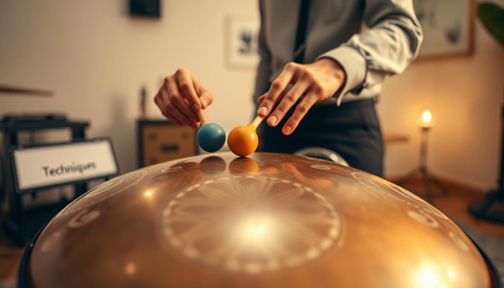 A beautifully crafted techniques tongue drum sits prominently in the foreground, showcasing intricate designs etched into its surface. In the middle ground, a pair of skilled hands lightly taps the drum with mallets, demonstrating advanced playing techniques. The hands are adorned with modest, professional attire, emphasizing focus and artistry. Soft, warm lighting bathes the scene, casting gentle shadows and enhancing the metallic shimmer of the drum. The background is softly blurred, featuring hints of an intimate music studio with minimalistic decor, conveying a serene, creative atmosphere. The overall mood is one of tranquility and inspiration, inviting viewers to explore the depth of sound that can be achieved with the tongue drum. A beautifully crafted techniques tongue drum sits prominently in the foreground, showcasing intricate designs etched into its surface. In the middle ground, a pair of skilled hands lightly taps the drum with mallets, demonstrating advanced playing techniques. The hands are adorned with modest, professional attire, emphasizing focus and artistry. Soft, warm lighting bathes the scene, casting gentle shadows and enhancing the metallic shimmer of the drum. The background is softly blurred, featuring hints of an intimate music studio with minimalistic decor, conveying a serene, creative atmosphere. The overall mood is one of tranquility and inspiration, inviting viewers to explore the depth of sound that can be achieved with the tongue drum.
