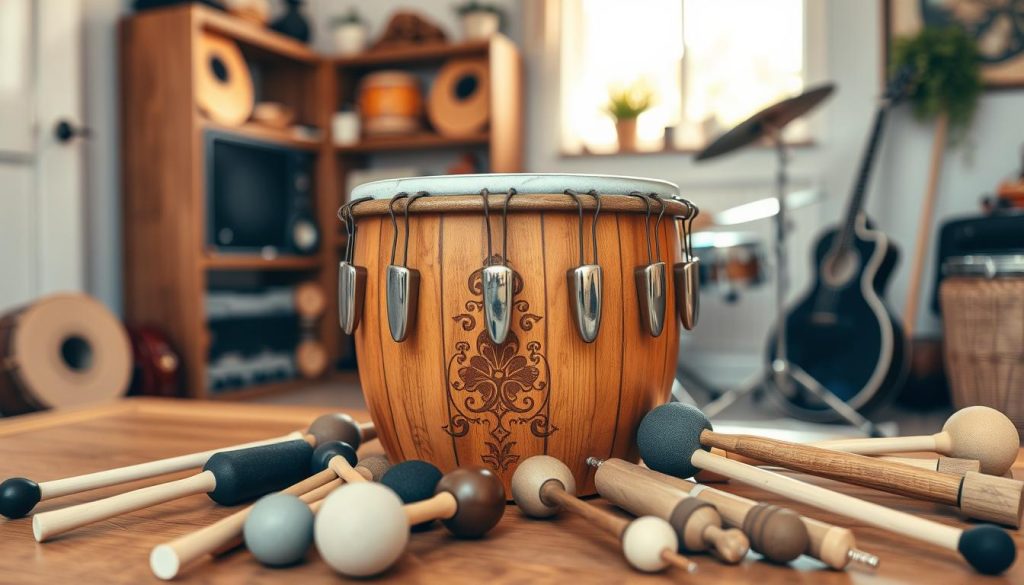 A beautifully crafted tongue drum, featuring natural wood tones and intricate carvings, is centered in the foreground. The drum's metal tongues gleam softly, reflecting warm ambient light, showcasing the different materials that could be used for drum mallets, emphasizing the section's focus. Surrounding the drum, several mallets are artfully arranged, crafted from varied materials such as rubber, wood, and plastic, indicating their distinct textures and colors. In the middle ground, a softly blurred background of a cozy music studio offers a warm and inviting atmosphere, with shelves lined with musical instruments and soft, natural light pouring through a nearby window. The shot is captured with a slight angle from above to highlight the drum's unique features, creating a serene and engaging mood perfect for a music enthusiast. A beautifully crafted tongue drum, featuring natural wood tones and intricate carvings, is centered in the foreground. The drum's metal tongues gleam softly, reflecting warm ambient light, showcasing the different materials that could be used for drum mallets, emphasizing the section's focus. Surrounding the drum, several mallets are artfully arranged, crafted from varied materials such as rubber, wood, and plastic, indicating their distinct textures and colors. In the middle ground, a softly blurred background of a cozy music studio offers a warm and inviting atmosphere, with shelves lined with musical instruments and soft, natural light pouring through a nearby window. The shot is captured with a slight angle from above to highlight the drum's unique features, creating a serene and engaging mood perfect for a music enthusiast.