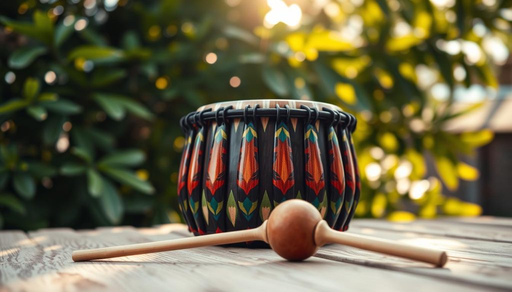 A beautifully crafted tongue drum, intricately designed with colorful patterns, resting on a soft, natural wood surface. The foreground features the tongue drum prominently, showcasing its various sized tongues and vibrant colors. In the middle ground, a delicate pair of wooden mallets lies nearby, inviting interaction. The background is softly blurred, featuring hints of lush green foliage, creating an outdoor ambiance. Warm, diffused sunlight filters through the leaves, casting gentle shadows and adding a serene atmosphere to the scene. The angle captures the drum from a slightly elevated perspective, emphasizing its craftsmanship and musical allure. The overall mood is tranquil and inviting, perfect for depicting the selection of a suitable musical range for steel drums. A beautifully crafted tongue drum, intricately designed with colorful patterns, resting on a soft, natural wood surface. The foreground features the tongue drum prominently, showcasing its various sized tongues and vibrant colors. In the middle ground, a delicate pair of wooden mallets lies nearby, inviting interaction. The background is softly blurred, featuring hints of lush green foliage, creating an outdoor ambiance. Warm, diffused sunlight filters through the leaves, casting gentle shadows and adding a serene atmosphere to the scene. The angle captures the drum from a slightly elevated perspective, emphasizing its craftsmanship and musical allure. The overall mood is tranquil and inviting, perfect for depicting the selection of a suitable musical range for steel drums.