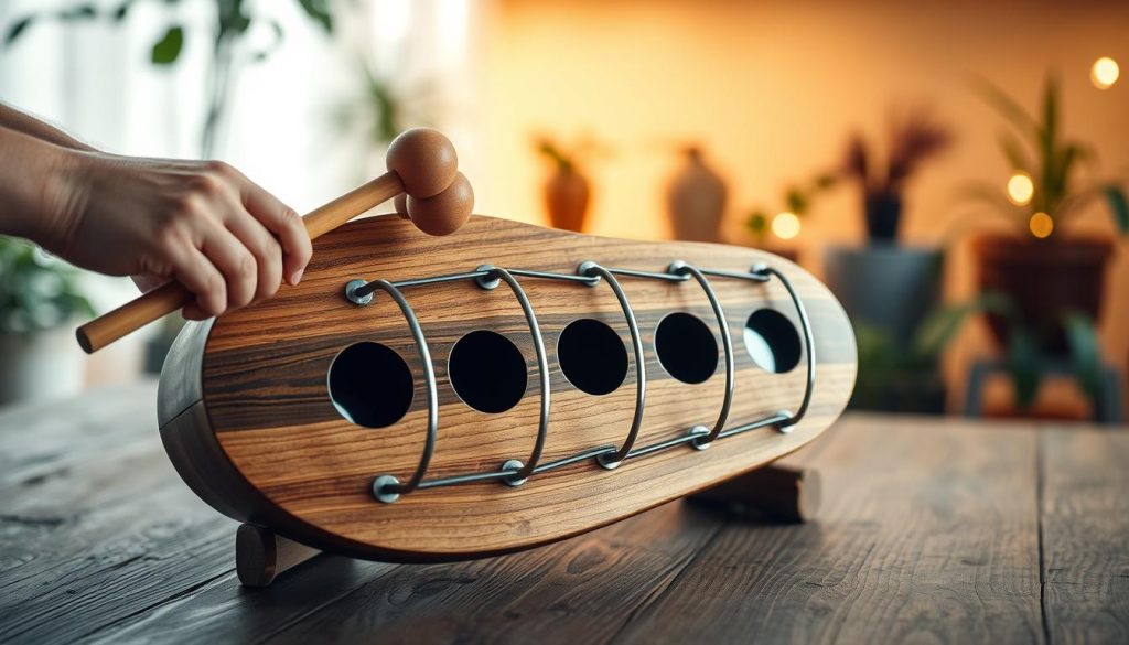 A beautifully crafted tongue drum made of wood and metal, showcasing its unique oval shape and resonant sound holes. In the foreground, a pair of hands gently striking the drum with mallets, highlighting the technique required to produce a rich and warm tone. The middle ground features the drum situated on a rustic wooden table, bathed in soft, warm lighting that enhances the wooden texture. In the background, a serene setting with blurred potted plants and ambient decor creating a calming atmosphere. The image captures the essence of music in a peaceful environment, inviting the viewer to appreciate the sound that the tongue drum produces. A beautifully crafted tongue drum made of wood and metal, showcasing its unique oval shape and resonant sound holes. In the foreground, a pair of hands gently striking the drum with mallets, highlighting the technique required to produce a rich and warm tone. The middle ground features the drum situated on a rustic wooden table, bathed in soft, warm lighting that enhances the wooden texture. In the background, a serene setting with blurred potted plants and ambient decor creating a calming atmosphere. The image captures the essence of music in a peaceful environment, inviting the viewer to appreciate the sound that the tongue drum produces.