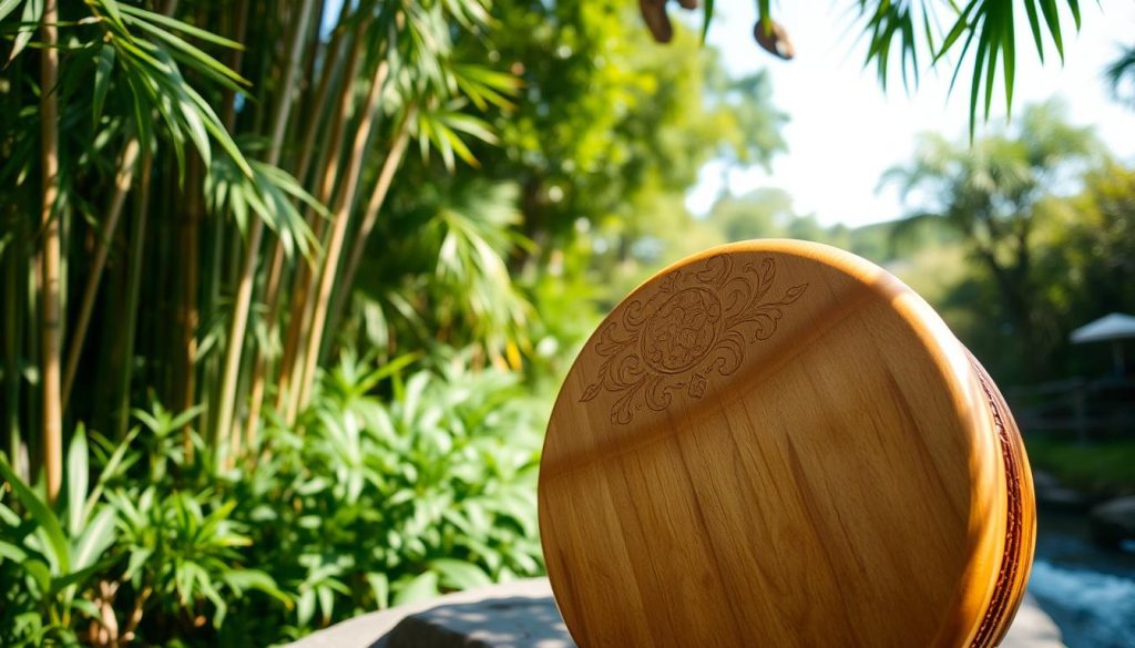 A beautifully crafted tongue drum made of wood, displaying intricate carvings on its surface, set in a serene, natural environment. In the foreground, the tongue drum is displayed prominently, with a soft, natural light illuminating its polished texture. The middle ground features lush greenery, including bamboo and tropical plants, creating a calming atmosphere. In the background, a gentle stream flows, reflecting the soft blue sky above. The scene is captured from a slightly elevated angle, emphasizing the drum's unique shape and craftsmanship. The mood is tranquil, inviting the viewer to experience the soothing sounds of the tongue drum in this peaceful setting. A beautifully crafted tongue drum made of wood, displaying intricate carvings on its surface, set in a serene, natural environment. In the foreground, the tongue drum is displayed prominently, with a soft, natural light illuminating its polished texture. The middle ground features lush greenery, including bamboo and tropical plants, creating a calming atmosphere. In the background, a gentle stream flows, reflecting the soft blue sky above. The scene is captured from a slightly elevated angle, emphasizing the drum's unique shape and craftsmanship. The mood is tranquil, inviting the viewer to experience the soothing sounds of the tongue drum in this peaceful setting.