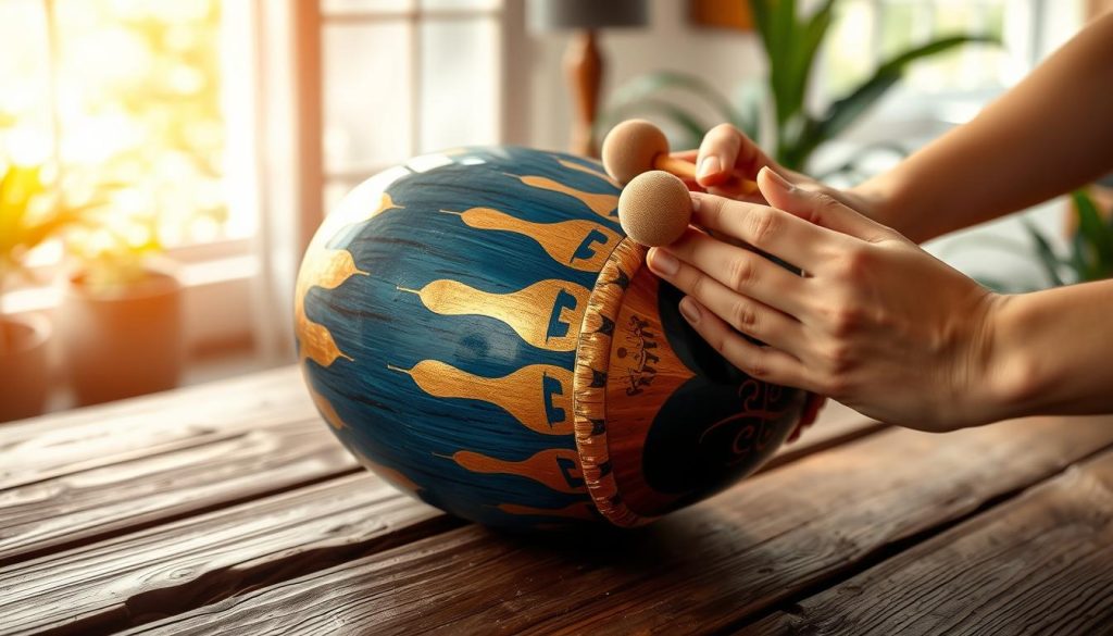 A beautifully crafted tongue drum resting on a rustic wooden table, the drum's surface a vibrant blend of deep blue and golden hues, highlighting its intricate, handcrafted markings. In the foreground, a pair of hands gently striking the drum with mallets, creating a visual sense of motion and sound. The middle ground features soft, warm lighting that illuminates the drum, casting delicate shadows that enhance its textures. In the background, hints of lush greenery and a softly blurred indoor setting convey a serene atmosphere, suggesting a space for relaxation and creativity. The image captures the essence of music-making and the benefits of regular practice, evoking a sense of calm and inspiration. No text or logos present. A beautifully crafted tongue drum resting on a rustic wooden table, the drum's surface a vibrant blend of deep blue and golden hues, highlighting its intricate, handcrafted markings. In the foreground, a pair of hands gently striking the drum with mallets, creating a visual sense of motion and sound. The middle ground features soft, warm lighting that illuminates the drum, casting delicate shadows that enhance its textures. In the background, hints of lush greenery and a softly blurred indoor setting convey a serene atmosphere, suggesting a space for relaxation and creativity. The image captures the essence of music-making and the benefits of regular practice, evoking a sense of calm and inspiration. No text or logos present.