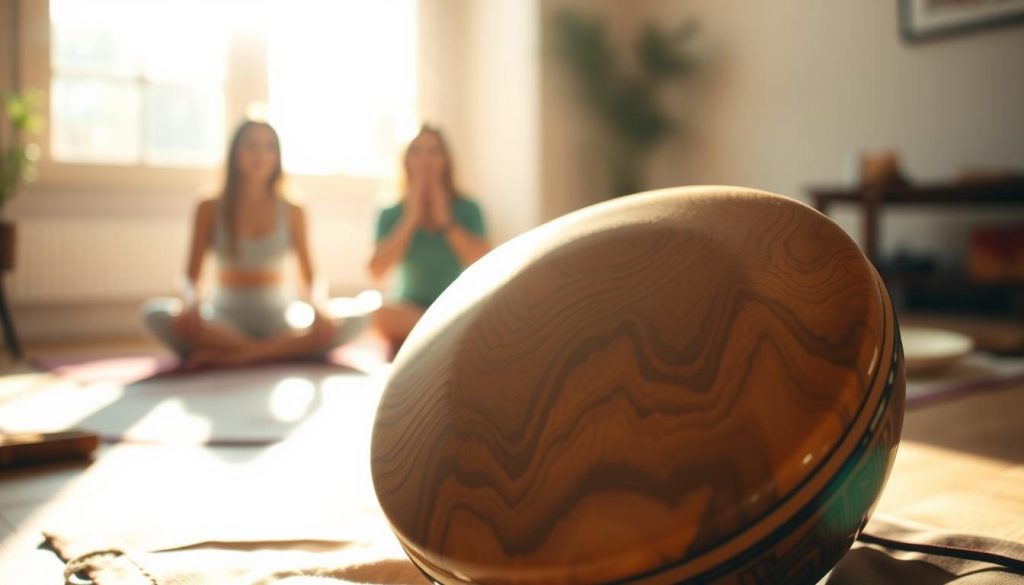 A beautifully crafted tongue drum sits prominently in the foreground, showcasing its intricate surface patterns and varying depths, which resonate with the sound it produces. The midday sun bathes the scene in warm, natural light, highlighting the wooden texture and rich tones of the drum. In the middle ground, soft, blurred silhouettes of people engaged in play can be seen, their focused expressions capturing the meditative atmosphere of sound exploration. The background is a tranquil indoor space, with soft hues and minimal distractions, fostering an inviting ambiance that enhances the drum's calming visual presence. The overall mood is serene and reflective, invoking the harmony and therapeutic effects of music, emphasizing the frequency and its impact. A beautifully crafted tongue drum sits prominently in the foreground, showcasing its intricate surface patterns and varying depths, which resonate with the sound it produces. The midday sun bathes the scene in warm, natural light, highlighting the wooden texture and rich tones of the drum. In the middle ground, soft, blurred silhouettes of people engaged in play can be seen, their focused expressions capturing the meditative atmosphere of sound exploration. The background is a tranquil indoor space, with soft hues and minimal distractions, fostering an inviting ambiance that enhances the drum's calming visual presence. The overall mood is serene and reflective, invoking the harmony and therapeutic effects of music, emphasizing the frequency and its impact.