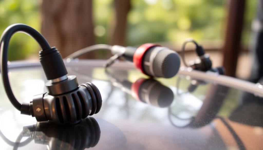A close-up image of contact microphones positioned on various sections of a shiny, metallic steeldrum, capturing the essence of sound transmission. In the foreground, focus on the sleek, detailed microphone components with cables gently coiling around them. In the middle ground, the steeldrum is highlighted, displaying its vibrant colors and unique surface texture, reflecting light. The background fades softly into a blurred view of a natural setting, hinting at an outdoor performance environment. Soft, diffused natural lighting enhances the gleaming surfaces, creating a warm atmosphere that suggests creativity and musical exploration. The composition emphasizes the interplay of technology and traditional percussion, encapsulating the essence of capturing sound vibrations effectively.