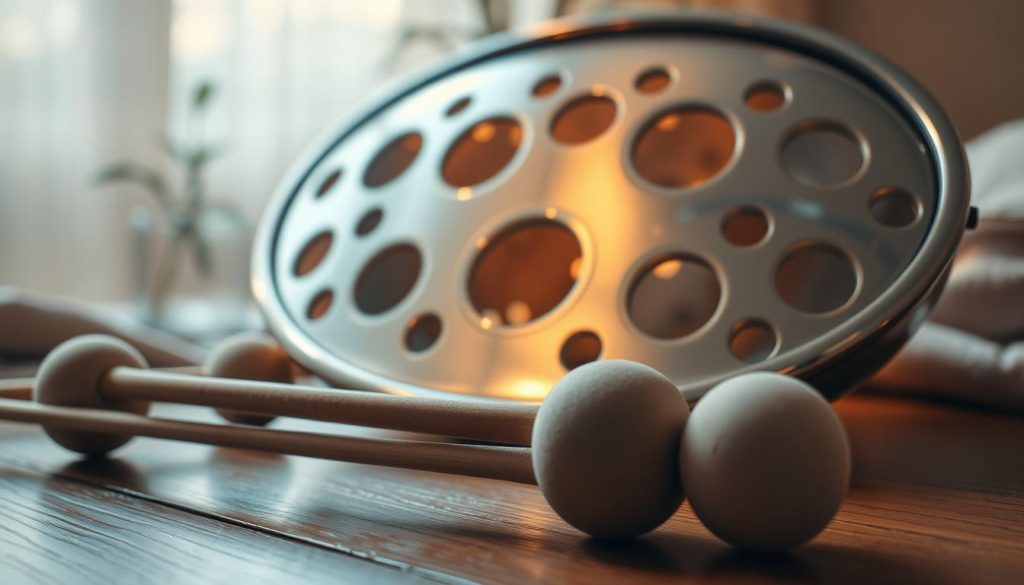 A close-up view of a beautifully crafted tongue drum, made from polished steel with intricate circular cutouts resonating with musical notes. The drum is set on a wooden table, capturing the reflection of warm, ambient light. In the foreground, a pair of mallets with round, cushioned tips are placed next to the drum. The middle layer features the tongue drum itself, showcasing its shining surface and unique design. In the background, softly blurred elements like plants or soft fabric create a serene atmosphere. The scene is illuminated with soft, warm lighting, creating a cozy, inviting mood, perfect for exploring the acoustics and resonance influenced by the mallet tips. The angle is slightly elevated, providing a detailed perspective on the drum’s craftsmanship. A close-up view of a beautifully crafted tongue drum, made from polished steel with intricate circular cutouts resonating with musical notes. The drum is set on a wooden table, capturing the reflection of warm, ambient light. In the foreground, a pair of mallets with round, cushioned tips are placed next to the drum. The middle layer features the tongue drum itself, showcasing its shining surface and unique design. In the background, softly blurred elements like plants or soft fabric create a serene atmosphere. The scene is illuminated with soft, warm lighting, creating a cozy, inviting mood, perfect for exploring the acoustics and resonance influenced by the mallet tips. The angle is slightly elevated, providing a detailed perspective on the drum’s craftsmanship.