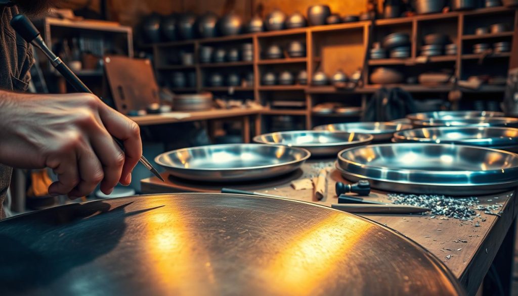 A close-up view of a skilled artisan in a workshop, carefully crafting a steeldrum fabrication pan. In the foreground, focus on the artisan's hands, showing delicate movements as they shape the gleaming metal surface with various tools, emphasizing the textures and reflections. In the middle ground, display several unfinished pans, showcasing different sizes and shapes, arranged on a wooden workbench scattered with tools and metal shavings. The background reveals shelves filled with more pans and equipment, with warm, ambient lighting casting soft shadows, creating a focused yet inviting atmosphere. The scene captures the artistry and dedication involved in the fabrication process, with an emphasis on craftsmanship and precision. A close-up view of a skilled artisan in a workshop, carefully crafting a steeldrum fabrication pan. In the foreground, focus on the artisan's hands, showing delicate movements as they shape the gleaming metal surface with various tools, emphasizing the textures and reflections. In the middle ground, display several unfinished pans, showcasing different sizes and shapes, arranged on a wooden workbench scattered with tools and metal shavings. The background reveals shelves filled with more pans and equipment, with warm, ambient lighting casting soft shadows, creating a focused yet inviting atmosphere. The scene captures the artistry and dedication involved in the fabrication process, with an emphasis on craftsmanship and precision.