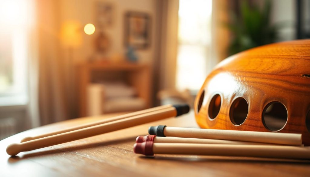 A close-up view of a vibrant tongue drum, showcasing various adapter accessories arranged neatly around it. In the foreground, detail the tongue drum's polished wooden surface and the unique cutouts that create its resonant sounds. Include various styles of drumsticks placed elegantly next to the drum, highlighting their differing tips designed for various skill levels. In the middle ground, a blurred background featuring a softly lit room, with warm, inviting light streaming in through a window, creating a serene atmosphere. The scene evokes a sense of exploration and learning, implying a gradual transition for musicians from beginner to advanced practice. The lens focuses on the textures and colors, ensuring that the image communicates the adaptive nature of the accessories and the joy of musical progression. A close-up view of a vibrant tongue drum, showcasing various adapter accessories arranged neatly around it. In the foreground, detail the tongue drum's polished wooden surface and the unique cutouts that create its resonant sounds. Include various styles of drumsticks placed elegantly next to the drum, highlighting their differing tips designed for various skill levels. In the middle ground, a blurred background featuring a softly lit room, with warm, inviting light streaming in through a window, creating a serene atmosphere. The scene evokes a sense of exploration and learning, implying a gradual transition for musicians from beginner to advanced practice. The lens focuses on the textures and colors, ensuring that the image communicates the adaptive nature of the accessories and the joy of musical progression.