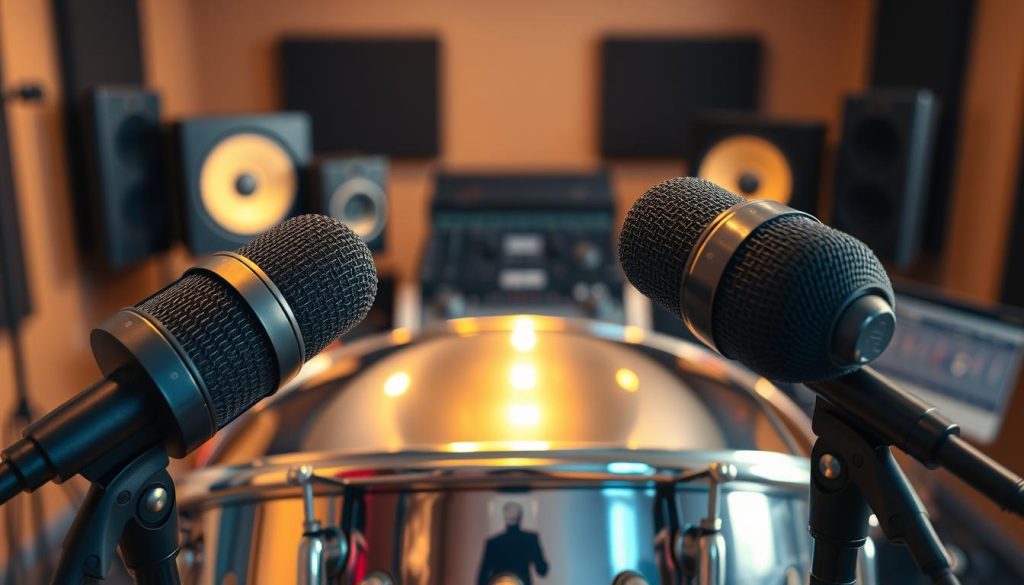 A close-up view of two high-quality microphones positioned above a vibrant steeldrum, showcasing the shiny, metallic surface of the drum with its distinctive notes and grooves. In the foreground, the microphones have black mesh heads and sleek designs, capturing the essence of professional sound equipment. The middle ground features the steeldrum, gleaming in warm lighting, emphasizing its reflective qualities and intricate craftsmanship. In the background, an indistinct recording studio setting is softly lit, with blurred equipment and acoustic panels to suggest a professional ambiance. The overall mood is focused and creative, conveying the importance of sound capture in musical performance. The image is devoid of any text or branding elements, emphasizing the equipment and instrument.