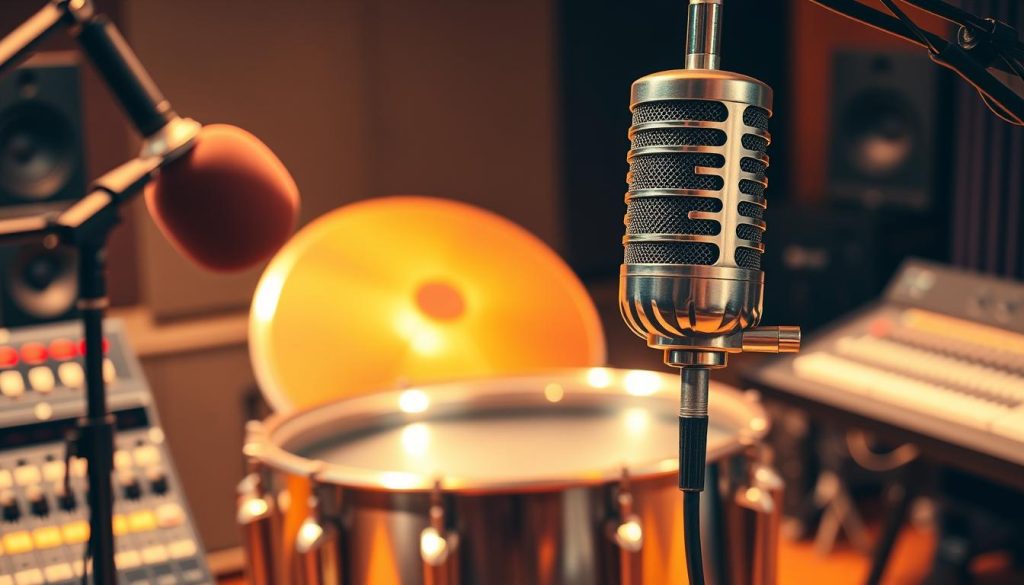A detailed studio setup showcasing ribbon microphones prominently placed around a steeldrum, capturing the warm, rich tones of the instrument. In the foreground, include a high-quality ribbon microphone with vintage design, reflecting light, emphasizing its metallic sheen and intricate mesh. The middle ground features a steeldrum with vibrant colors, illuminated softly to highlight its curves and texture. In the background, faint outlines of studio equipment such as audio mixers and sound panels create a professional ambiance. Use warm, diffused lighting to create a cozy, intimate atmosphere, suggesting sound waves gently flowing through the space. The image should eschew any text or branding elements, focusing solely on the harmony between the microphones and the steeldrum in a sound-engineering context.