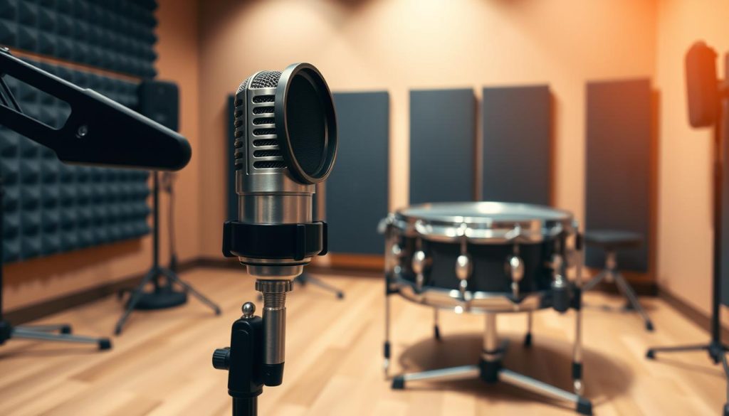 A professional recording studio scene featuring a high-quality condenser microphone positioned on a sleek black stand, aimed at an ornate steeldrum placed on a hardwood floor. The foreground captures intricate details of the microphone, showcasing its metallic finish and pop filter, while the middle ground features the steeldrum, glinting under soft, diffuse lighting. In the background, a soundproofed studio wall adorned with acoustic panels adds depth to the environment. The lighting is warm and inviting, enhancing the ambiance of creativity and precision, with a shallow depth of field to keep focus on the microphone and steeldrum. The overall mood is one of professionalism and artistry, capturing the essence of studio fidelity and sound quality.