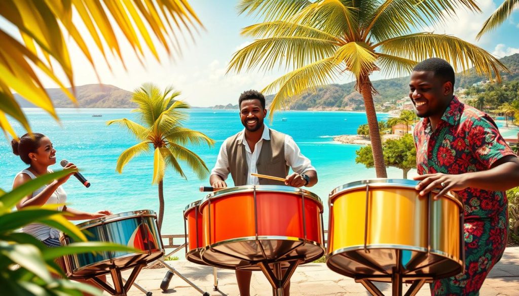 A vibrant Caribbean scene showcasing musicians adapting their craft with steeldrums amidst lush island greenery. In the foreground, three musicians of diverse ethnic backgrounds are passionately playing colorful steeldrums, dressed in smart casual attire, reflecting joy and unity. The middle ground features a clear blue sea shimmering under bright sunlight, dotted with small boats. A few palm trees sway gently, framing the scene. In the background, rolling hills and colorful island cottages add to the picturesque atmosphere. The lighting is warm and inviting, casting soft shadows, while a slight breeze creates movement in the leaves. The overall mood is celebratory and harmonious, capturing the essence of calypso music and the unique adaptability of island musicians. A vibrant Caribbean scene showcasing musicians adapting their craft with steeldrums amidst lush island greenery. In the foreground, three musicians of diverse ethnic backgrounds are passionately playing colorful steeldrums, dressed in smart casual attire, reflecting joy and unity. The middle ground features a clear blue sea shimmering under bright sunlight, dotted with small boats. A few palm trees sway gently, framing the scene. In the background, rolling hills and colorful island cottages add to the picturesque atmosphere. The lighting is warm and inviting, casting soft shadows, while a slight breeze creates movement in the leaves. The overall mood is celebratory and harmonious, capturing the essence of calypso music and the unique adaptability of island musicians.