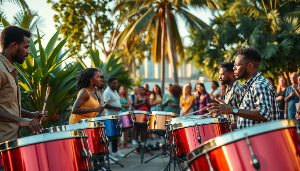 A vibrant and contemporary steeldrum ensemble performing outdoors. In the foreground, a diverse group of musicians dressed in stylish casual attire is captured mid-performance, passionately playing steeldrums, with hands skillfully striking the melodic notes. The middle ground features colorful instruments glinting in the sunlight, surrounded by a small, engaged audience enjoying the live music. In the background, lush tropical foliage hints at influences from Caribbean culture, while hints of a modern city skyline provide a contrast of contemporary influences. The scene is illuminated by warm golden hour lighting, casting soft shadows and creating a lively, inviting atmosphere. The overall mood conveys a fusion of tradition and modernity, celebrating the rhythmic and melodic sounds of the steeldrum in a dynamic setting. A vibrant and contemporary steeldrum ensemble performing outdoors. In the foreground, a diverse group of musicians dressed in stylish casual attire is captured mid-performance, passionately playing steeldrums, with hands skillfully striking the melodic notes. The middle ground features colorful instruments glinting in the sunlight, surrounded by a small, engaged audience enjoying the live music. In the background, lush tropical foliage hints at influences from Caribbean culture, while hints of a modern city skyline provide a contrast of contemporary influences. The scene is illuminated by warm golden hour lighting, casting soft shadows and creating a lively, inviting atmosphere. The overall mood conveys a fusion of tradition and modernity, celebrating the rhythmic and melodic sounds of the steeldrum in a dynamic setting.