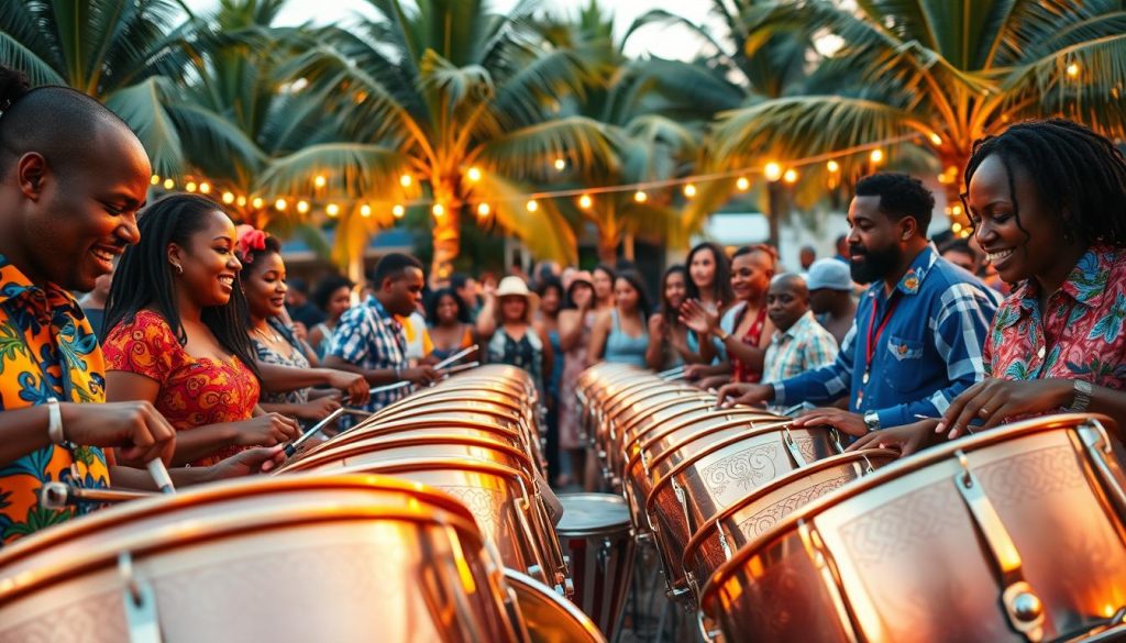 A vibrant and dynamic scene showcasing a steelband performance in a lively outdoor setting. In the foreground, several musicians of diverse backgrounds, dressed in colorful, professional attire, play shiny steel drums with passion, their faces expressive and engaged. The middle ground features an array of gleaming steel drums in various sizes, with intricate patterns reflecting the sun's golden rays. Behind them, a cheering crowd enjoys the energetic atmosphere, with tropical trees and string lights illuminating the background, creating a festive feeling. The lighting is warm and inviting, suggesting a late afternoon in a tropical location. The camera angle captures both the musicians' intensity and the joy of the audience, highlighting the cultural significance and community spirit of the steelband. A vibrant and dynamic scene showcasing a steelband performance in a lively outdoor setting. In the foreground, several musicians of diverse backgrounds, dressed in colorful, professional attire, play shiny steel drums with passion, their faces expressive and engaged. The middle ground features an array of gleaming steel drums in various sizes, with intricate patterns reflecting the sun's golden rays. Behind them, a cheering crowd enjoys the energetic atmosphere, with tropical trees and string lights illuminating the background, creating a festive feeling. The lighting is warm and inviting, suggesting a late afternoon in a tropical location. The camera angle captures both the musicians' intensity and the joy of the audience, highlighting the cultural significance and community spirit of the steelband.