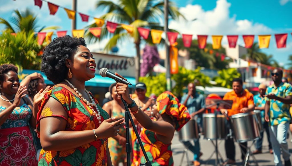 A vibrant and lively scene depicting a chantwell rue, capturing the essence of calypso music. In the foreground, a female performer dressed in colorful, modest Caribbean attire passionately sings into a microphone, embodying the spirit of the music. She is surrounded by enthusiastic audience members, some dancing and clapping. The middle ground features a traditional steeldrum band, with musicians skillfully playing their instruments, bringing energy to the performance. The background showcases a lively street festival decorated with vibrant banners and tropical plants under a bright blue sky, adding depth to the composition. The lighting is warm and inviting, suggesting a sunny afternoon. The atmosphere is joyful and celebratory, evoking a sense of cultural richness and community spirit. A vibrant and lively scene depicting a chantwell rue, capturing the essence of calypso music. In the foreground, a female performer dressed in colorful, modest Caribbean attire passionately sings into a microphone, embodying the spirit of the music. She is surrounded by enthusiastic audience members, some dancing and clapping. The middle ground features a traditional steeldrum band, with musicians skillfully playing their instruments, bringing energy to the performance. The background showcases a lively street festival decorated with vibrant banners and tropical plants under a bright blue sky, adding depth to the composition. The lighting is warm and inviting, suggesting a sunny afternoon. The atmosphere is joyful and celebratory, evoking a sense of cultural richness and community spirit.
