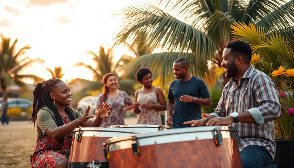 A vibrant, atmospheric scene depicting a diverse group of four musicians in an outdoor setting, engaged in learning and practicing the steeldrum. In the foreground, a focused female musician, wearing a casual yet professional outfit, sits beside a colorful steeldrum, her hands poised to strike the notes. Beside her, a male musician gestures enthusiastically while explaining techniques, dressed in a smart-casual shirt. In the middle ground, two additional musicians converse, surrounded by palm trees and bright tropical flora, enhancing the lively ambiance. The background features a sunset sky, casting warm golden and pink hues, with soft, diffused lighting creating an inviting and inspiring atmosphere, ideal for collaboration and musical growth. The overall mood is joyful and educational, embodying the essence of learning music with a modern flair. A vibrant, atmospheric scene depicting a diverse group of four musicians in an outdoor setting, engaged in learning and practicing the steeldrum. In the foreground, a focused female musician, wearing a casual yet professional outfit, sits beside a colorful steeldrum, her hands poised to strike the notes. Beside her, a male musician gestures enthusiastically while explaining techniques, dressed in a smart-casual shirt. In the middle ground, two additional musicians converse, surrounded by palm trees and bright tropical flora, enhancing the lively ambiance. The background features a sunset sky, casting warm golden and pink hues, with soft, diffused lighting creating an inviting and inspiring atmosphere, ideal for collaboration and musical growth. The overall mood is joyful and educational, embodying the essence of learning music with a modern flair.