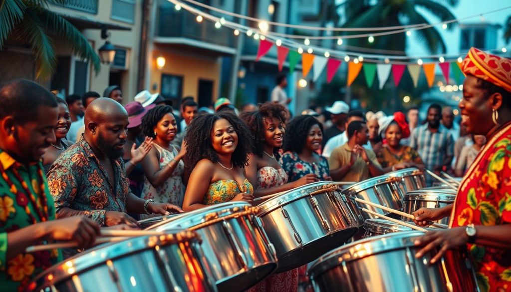 A vibrant scene depicting a calypso music competition, set against a lively urban backdrop reflecting the rich culture of the Caribbean diaspora. In the foreground, a diverse group of musicians passionately playing steeldrums, dressed in colorful, stylish attire representing their heritage, showcasing expressions of joy and dedication. The middle ground features a captivated audience of various ethnic backgrounds, clapping and dancing in rhythm to the music. In the background, festive decorations like banners and lights add to the celebratory atmosphere, suggesting a community event. Soft, warm lighting enhances the vibrant colors, creating an inviting and energetic mood. The perspective is slightly elevated, capturing the dynamic interaction between performers and the audience in a joyful celebration of cultural heritage. A vibrant scene depicting a calypso music competition, set against a lively urban backdrop reflecting the rich culture of the Caribbean diaspora. In the foreground, a diverse group of musicians passionately playing steeldrums, dressed in colorful, stylish attire representing their heritage, showcasing expressions of joy and dedication. The middle ground features a captivated audience of various ethnic backgrounds, clapping and dancing in rhythm to the music. In the background, festive decorations like banners and lights add to the celebratory atmosphere, suggesting a community event. Soft, warm lighting enhances the vibrant colors, creating an inviting and energetic mood. The perspective is slightly elevated, capturing the dynamic interaction between performers and the audience in a joyful celebration of cultural heritage.
