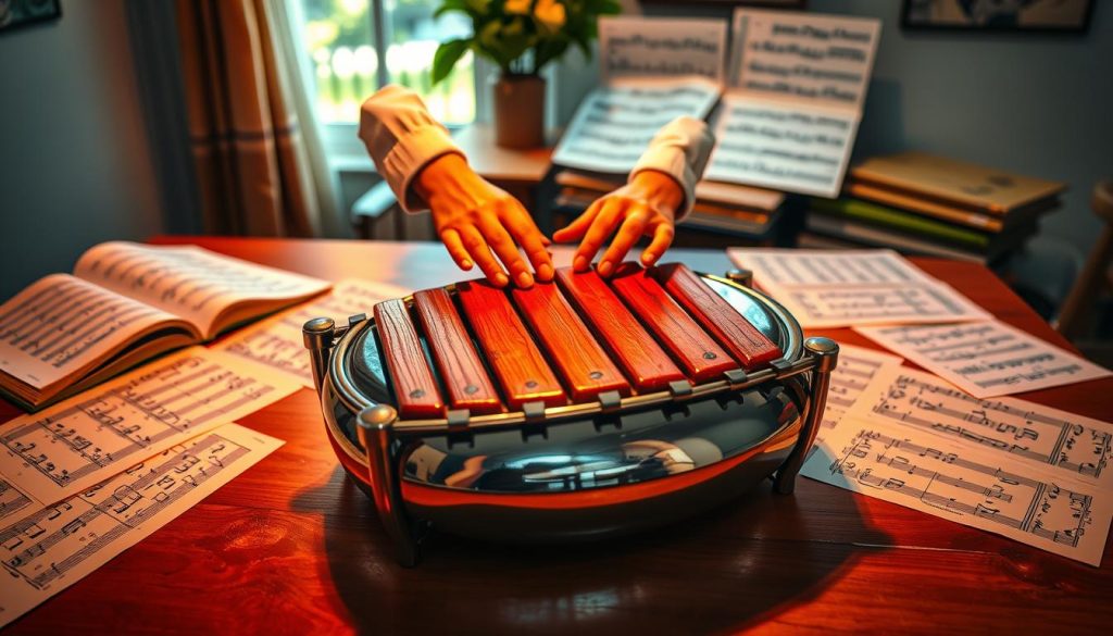 A vibrant scene featuring a polished tongue drum set on a wooden table, surrounded by colorful sheet music displaying numeric notation. In the foreground, the tongue drum is beautifully crafted, showcasing its intricate design and metallic finish that reflects soft, ambient lighting. In the middle-ground, a pair of hands, dressed in smart casual clothing, gently striking the drum to produce melodic tones, creating a harmonious atmosphere. In the background, a cozy room illuminated by warm light filters through a window, with musical books and notes scattered artistically. The mood is inviting and focused, capturing the essence of mastering music while emphasizing the importance of reading music partitions correctly. A vibrant scene featuring a polished tongue drum set on a wooden table, surrounded by colorful sheet music displaying numeric notation. In the foreground, the tongue drum is beautifully crafted, showcasing its intricate design and metallic finish that reflects soft, ambient lighting. In the middle-ground, a pair of hands, dressed in smart casual clothing, gently striking the drum to produce melodic tones, creating a harmonious atmosphere. In the background, a cozy room illuminated by warm light filters through a window, with musical books and notes scattered artistically. The mood is inviting and focused, capturing the essence of mastering music while emphasizing the importance of reading music partitions correctly.