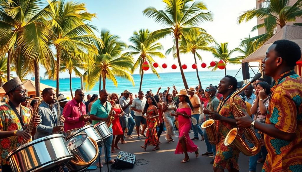 A vibrant street scene depicting a lively jazz-themed Caribbean festival. In the foreground, diverse musicians passionately playing steeldrums and saxophones, adorned in colorful, professional attire. The middle ground features enthusiastic dancers moving rhythmically, showcasing traditional Caribbean cultural attire, blending with the music. Tall palm trees and bright sunlit decorations create a festive atmosphere. In the background, a stunning beach and crystal-clear waters capture the essence of the Caribbean. The lighting is warm and inviting, suggesting late afternoon sun, casting soft shadows. The angle is slightly elevated, showing the energetic crowd enjoying the performance. The overall mood is joyous and celebratory, encapsulating the fusion of jazz and Caribbean rhythms. A vibrant street scene depicting a lively jazz-themed Caribbean festival. In the foreground, diverse musicians passionately playing steeldrums and saxophones, adorned in colorful, professional attire. The middle ground features enthusiastic dancers moving rhythmically, showcasing traditional Caribbean cultural attire, blending with the music. Tall palm trees and bright sunlit decorations create a festive atmosphere. In the background, a stunning beach and crystal-clear waters capture the essence of the Caribbean. The lighting is warm and inviting, suggesting late afternoon sun, casting soft shadows. The angle is slightly elevated, showing the energetic crowd enjoying the performance. The overall mood is joyous and celebratory, encapsulating the fusion of jazz and Caribbean rhythms.